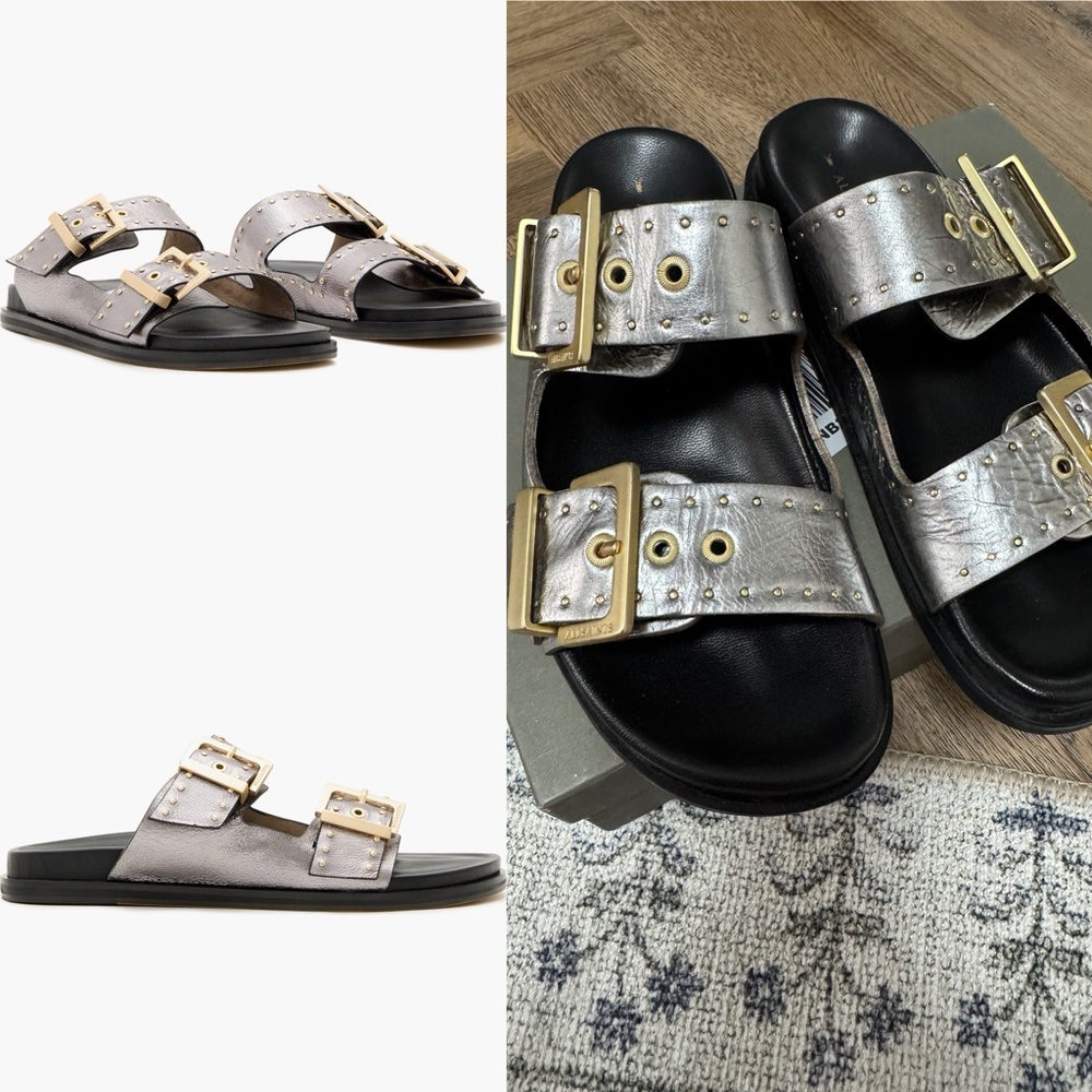 ALLSAINTS Magda Metallic Double Buckle Sandals NIB - Picture 1 of 9